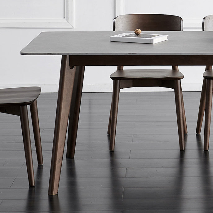 Brown Rectangular Sintered Stone Dining Table Modern Furniture with 4 Legs Wood Base