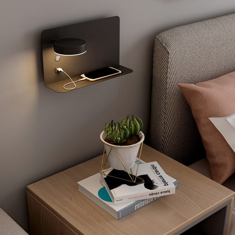 Bedside Reading Wall Light Rotatable Nordic LED Sconce with Shelf and USB Charging Port