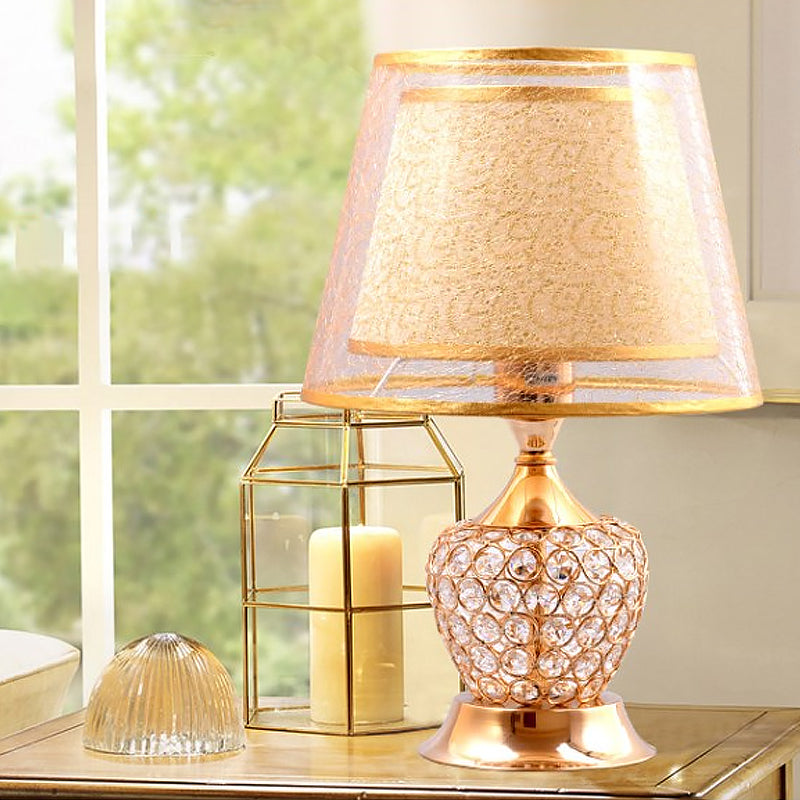 Fabric Flared Shade Table Light Modern 1 Head Gold Small Desk Lamp with Crystal Bead