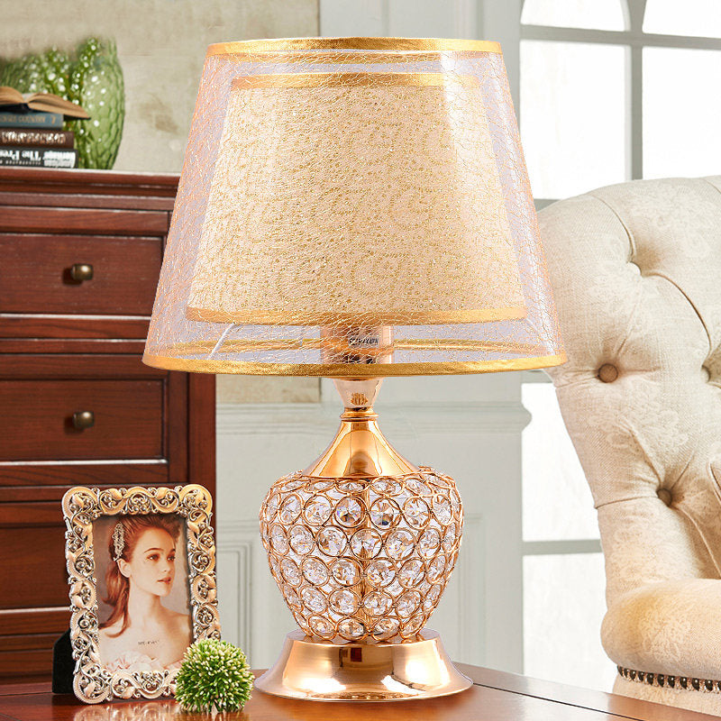 Fabric Flared Shade Table Light Modern 1 Head Gold Small Desk Lamp with Crystal Bead