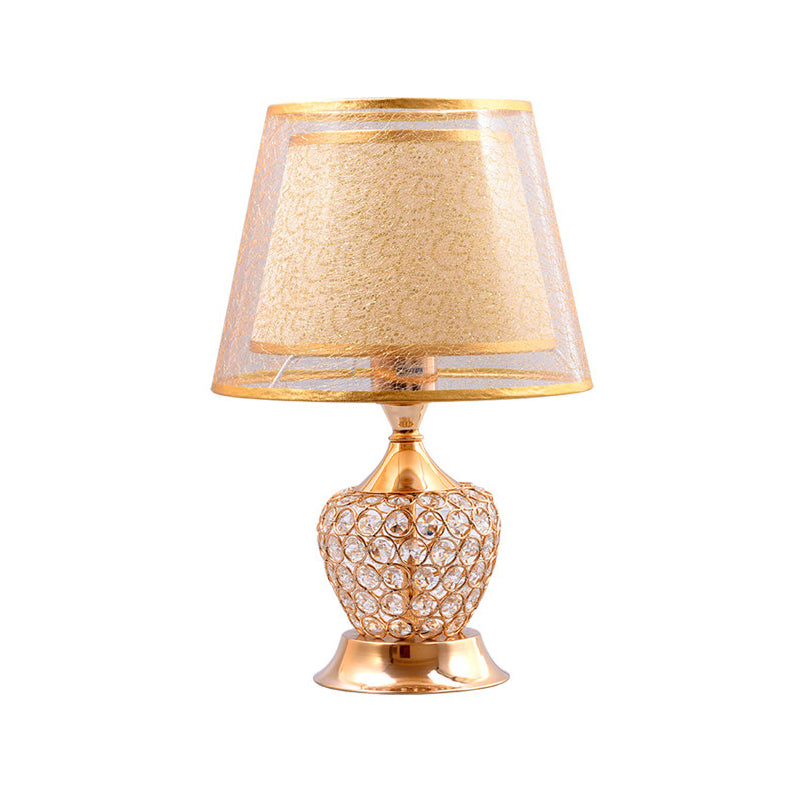 Fabric Flared Shade Table Light Modern 1 Head Gold Small Desk Lamp with Crystal Bead