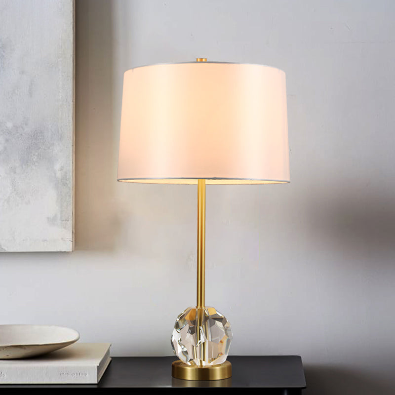 Fabric Drum Shade Task Lamp Modernist 1 Bulb Gold Reading Light with Clear Crystal Ball
