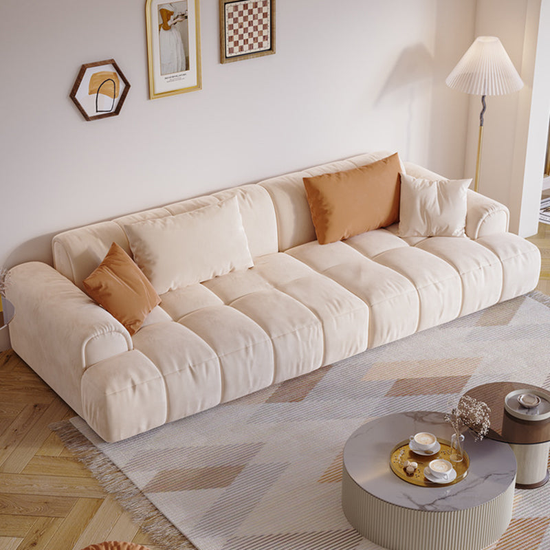 Contemporary Beige Round Arm Standard Sofa Tight Back Suede Couch with Pillows