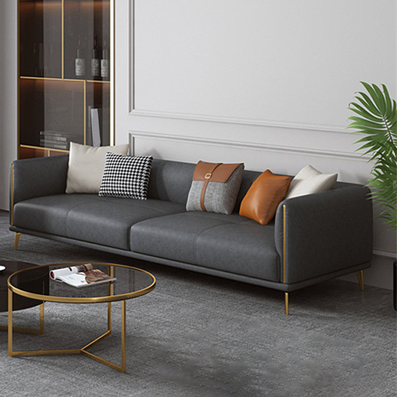 Contemporary Dark Gray Standard Sofa Faux Leather Sqaure Arm Couch