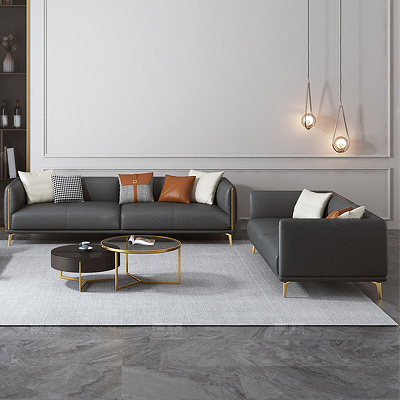 Contemporary Dark Gray Standard Sofa Faux Leather Sqaure Arm Couch