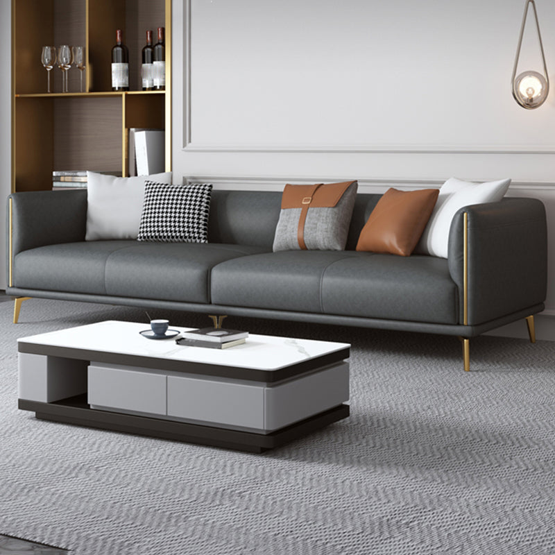 Contemporary Dark Gray Standard Sofa Faux Leather Sqaure Arm Couch