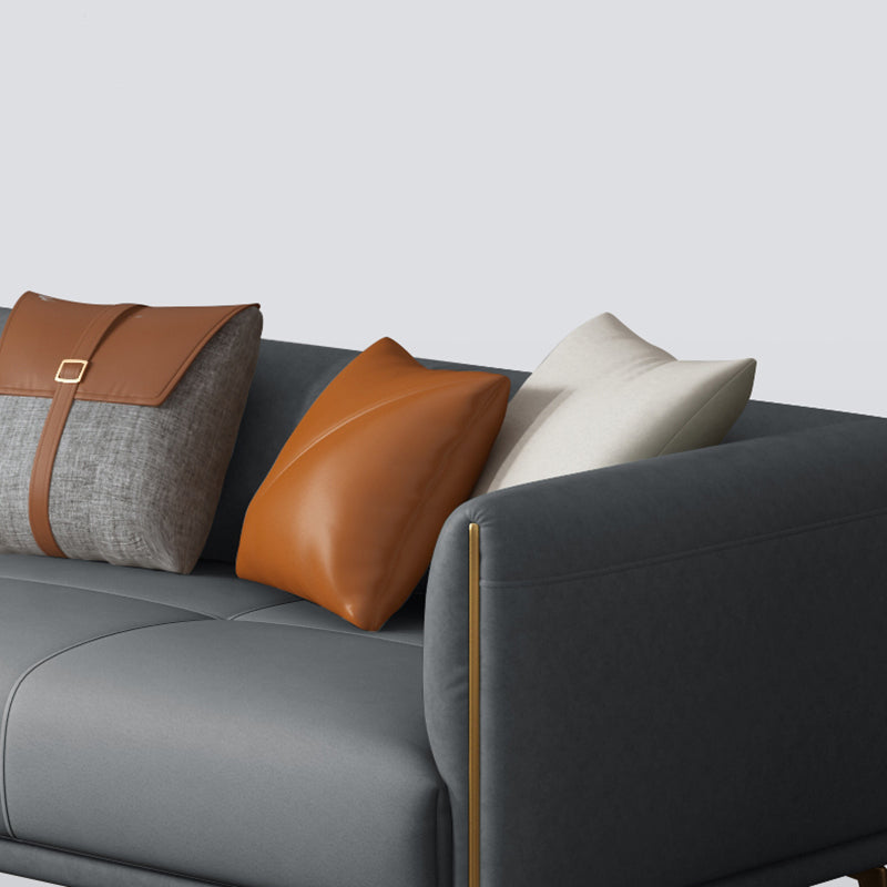 Contemporary Dark Gray Standard Sofa Faux Leather Sqaure Arm Couch