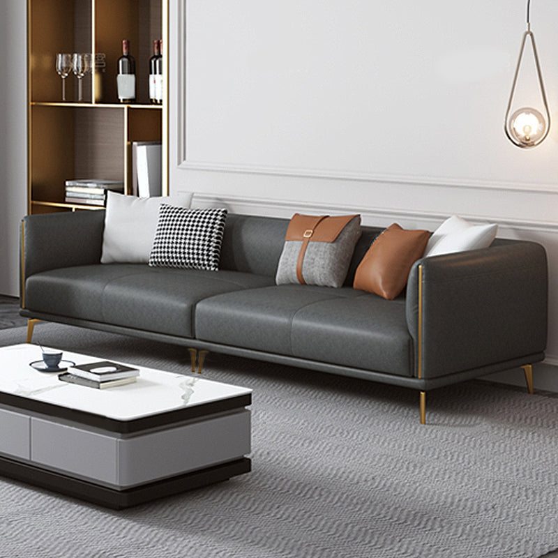 Contemporary Dark Gray Standard Sofa Faux Leather Sqaure Arm Couch