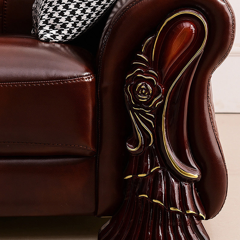 Genuine Leather Rolled Arm Sectional 36.22"High Camel Back Sofa, Dark Brown