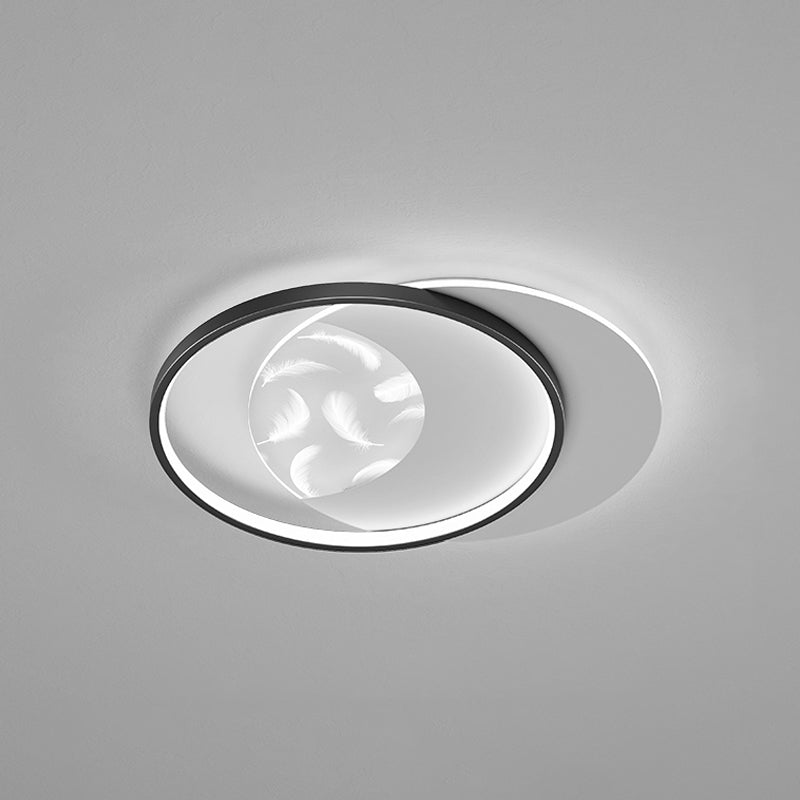 Round Shape LED Feather Ceiling Lamp Modern Iron 2 Lights Flush Mount for Bedroom