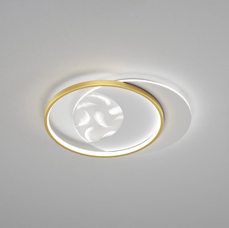 Round Shape LED Feather Ceiling Lamp Modern Iron 2 Lights Flush Mount for Bedroom