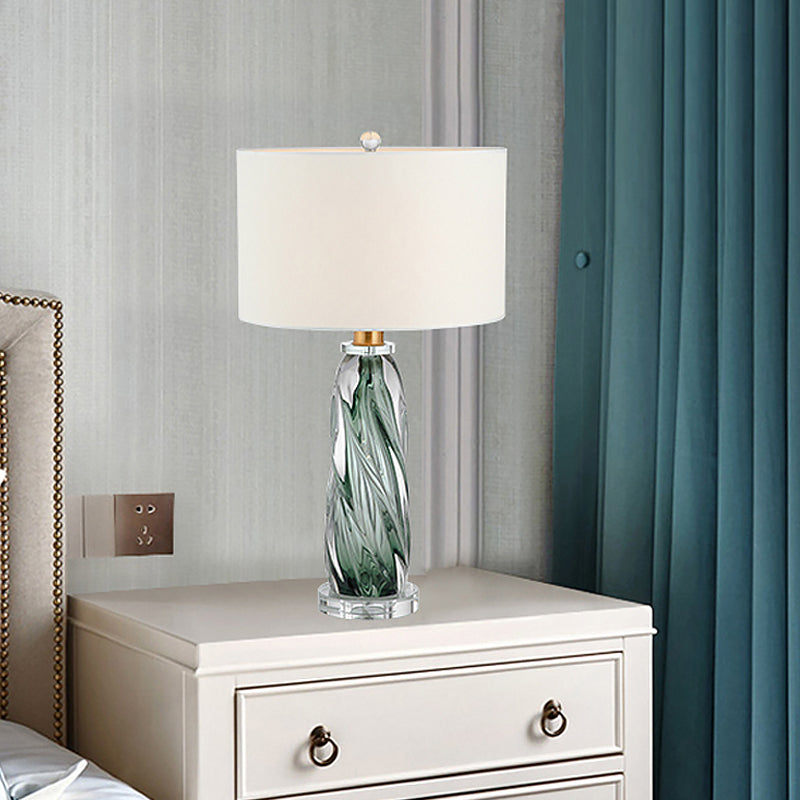 Fabric Cylindrical Task Light Contemporary 1 Head White Nightstand Lamp with Twist Pewter Glazed Crystal Base