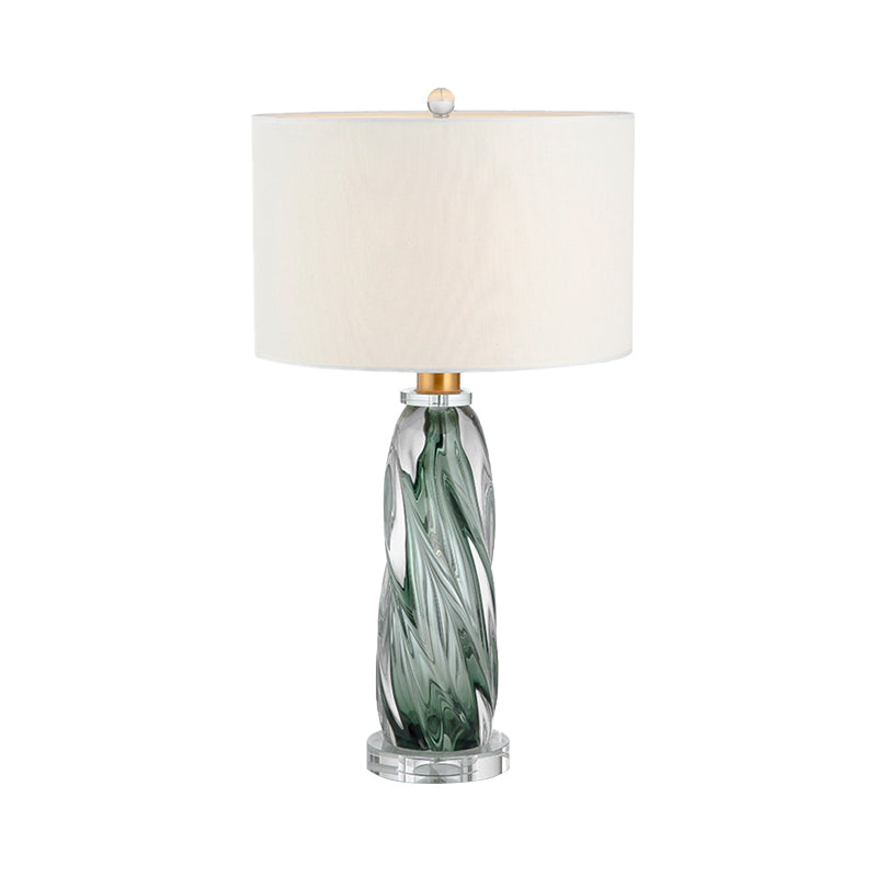 Fabric Cylindrical Task Light Contemporary 1 Head White Nightstand Lamp with Twist Pewter Glazed Crystal Base
