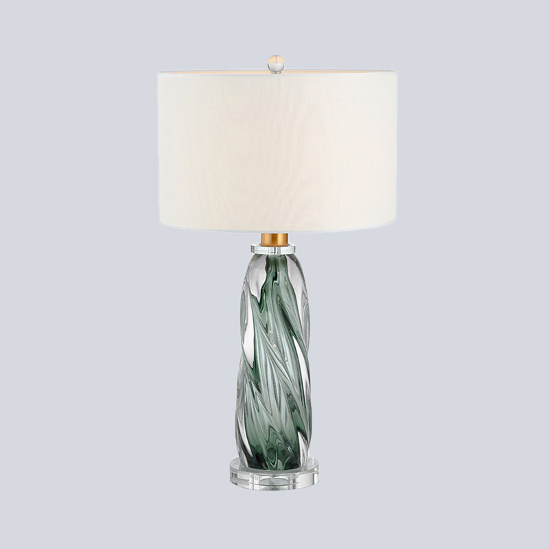 Fabric Cylindrical Task Light Contemporary 1 Head White Nightstand Lamp with Twist Pewter Glazed Crystal Base