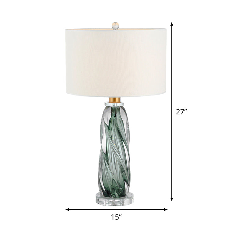 Fabric Cylindrical Task Light Contemporary 1 Head White Nightstand Lamp with Twist Pewter Glazed Crystal Base