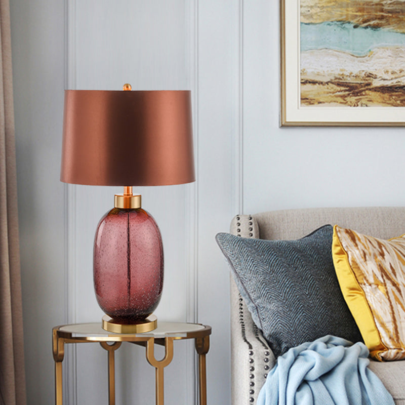 Barrel Shape Desk Light Fabric contemporain 1 lampe de table de nuit de l'ampoule en marron avec une base de cristal glacé oblongue