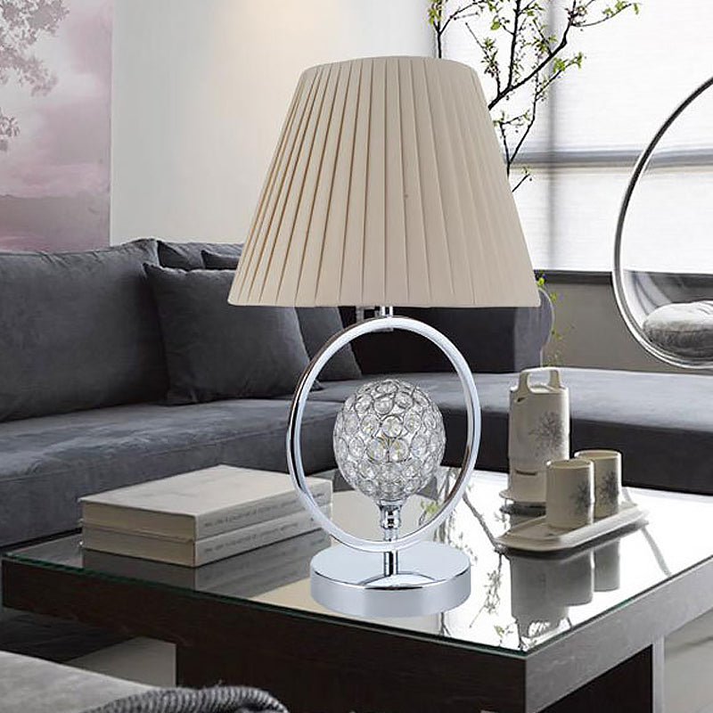 Pleated Fabric Table Light Contemporary 1 Head Beige Reading Lamp with Crystal Bead