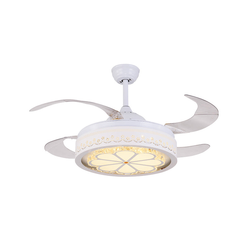 Bloemkristallen plafondventilator verlichting Moderne LED LED RAME SEMI SEMI VOILIG Licht in wit met 4 heldere messen, 42 "breed