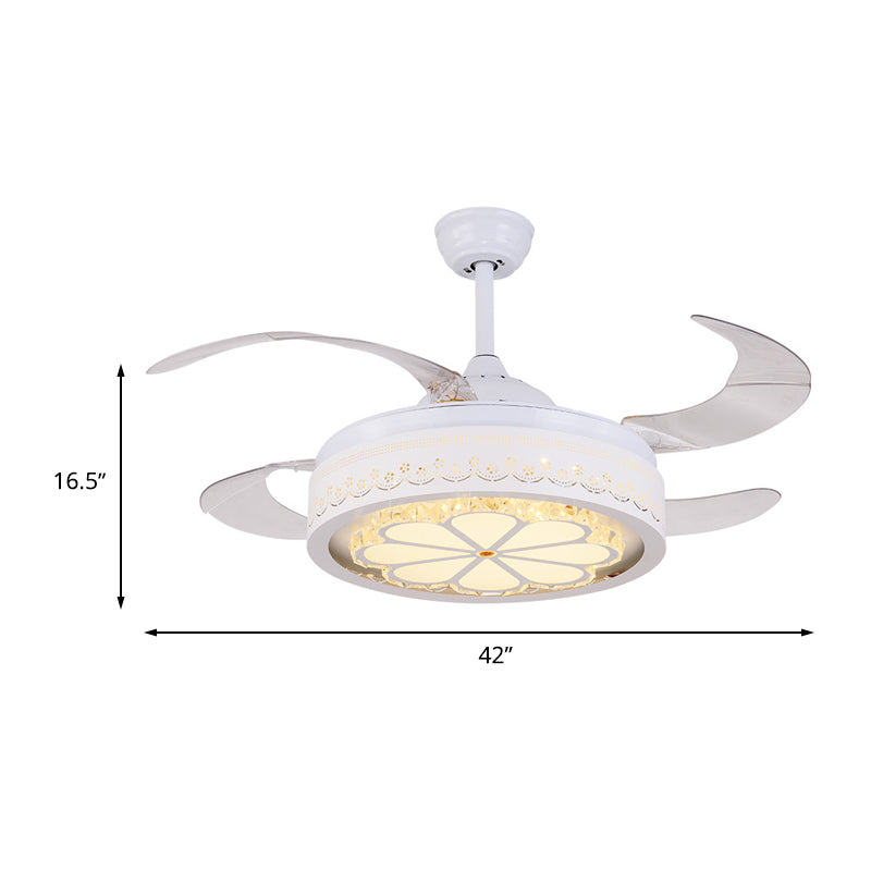 Bloemkristallen plafondventilator verlichting Moderne LED LED RAME SEMI SEMI VOILIG Licht in wit met 4 heldere messen, 42 "breed