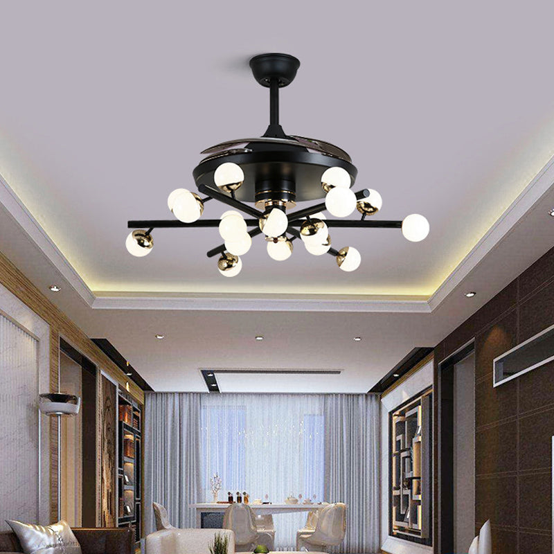 Metall Schwarz/Weiß -Lüfterlampe Sputnik 18 Köpfe moderne LED -Halbflush -Halterung mit 4 klaren Klingen, 42 "Breite