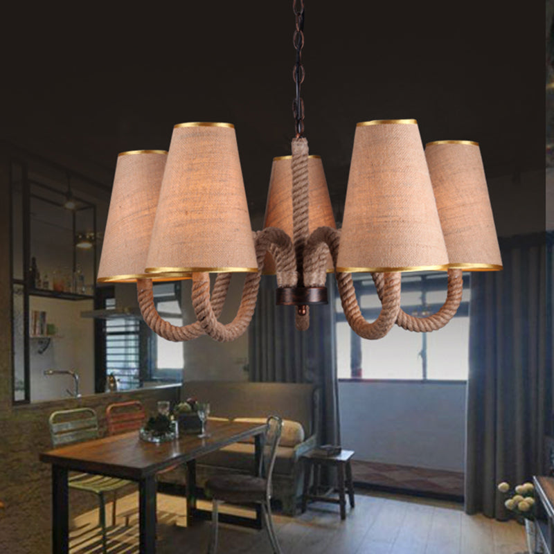 Beige 3/5/8 Heads Ceiling Chandelier Antiqued Rope Curved Arm Hanging Light Fixture with Cone Fabric Shade