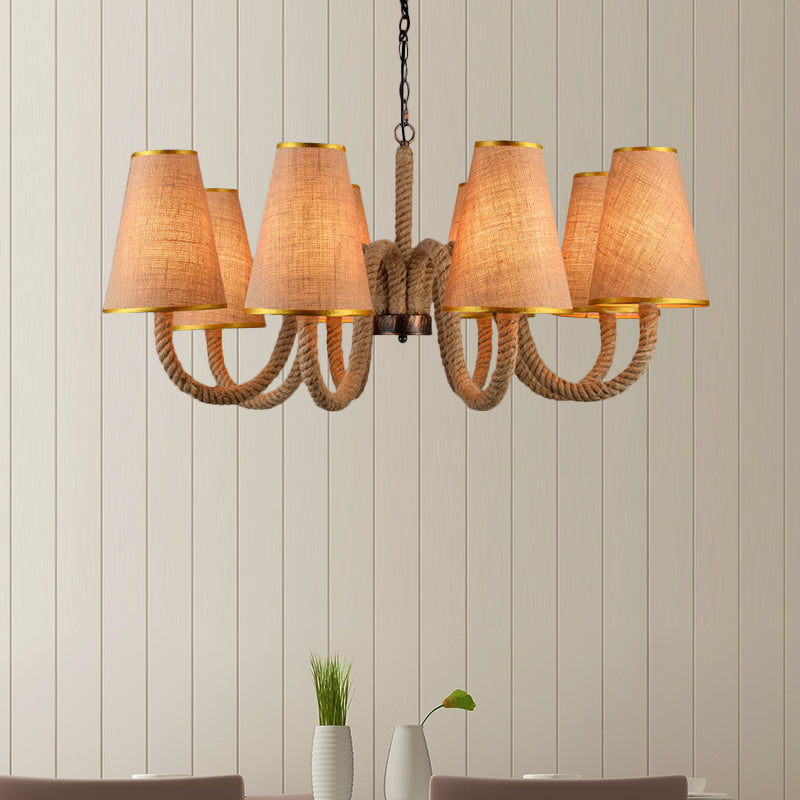 Beige 3/5/8 Heads Ceiling Chandelier Antiqued Rope Curved Arm Hanging Light Fixture with Cone Fabric Shade