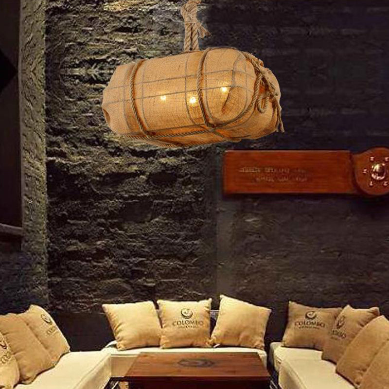 Rope Explosive Package Pendant Countryside 3 Bulbs Restaurant Fabric Chandelier Light in Beige