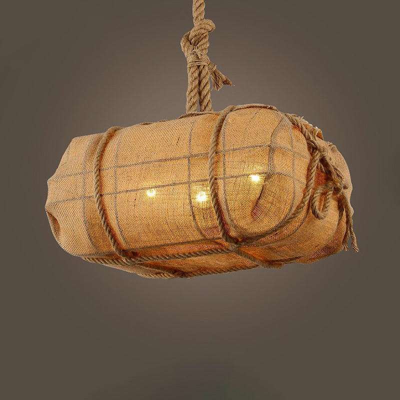Rope Explosive Package Pendant Countryside 3 Bulbs Restaurant Fabric Chandelier Light in Beige