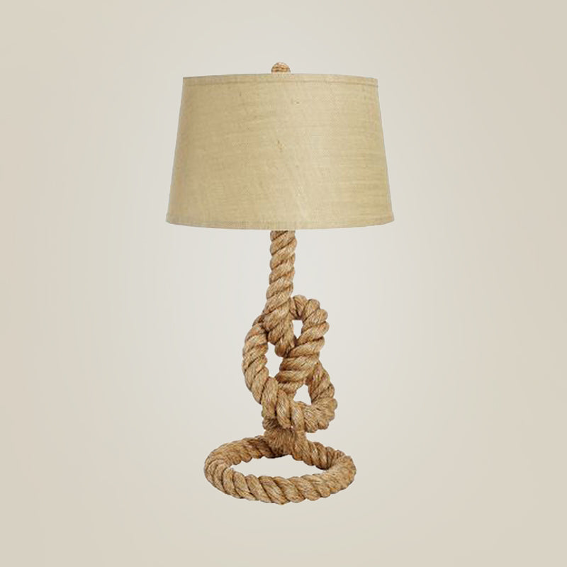 Fabric White Desk Light Barrel 1 Head Industrial Night Table Lamp with Coarse Knots Rope Base for Living Room