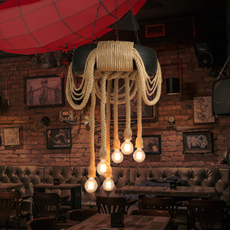 6 Lights Bare Bulb Pendant Chandelier Industrial Beige Rope Ceiling Lamp with Tyre Design