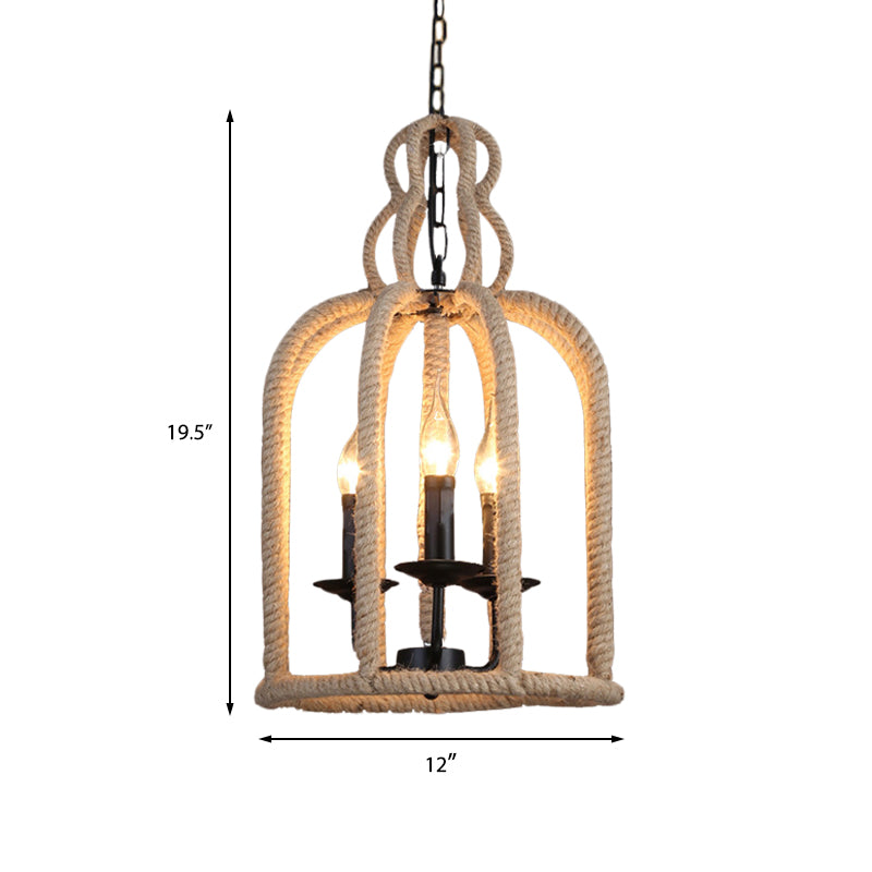 Beige 3 Heads Chandelier Light Industrial Rope Bird Cage Ceiling Pendant Lamp for Coffee Shop
