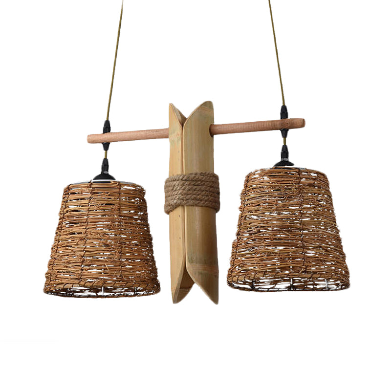 Rope Barrel Hanging Chandelier Farmhouse 2 Lights Restaurant Pendant Lamp in Beige with Bamboo Panel Deco