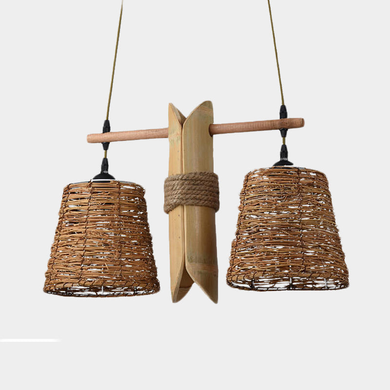 Rope Barrel Hanging Chandelier Farmhouse 2 Lights Restaurant Pendant Lamp in Beige with Bamboo Panel Deco