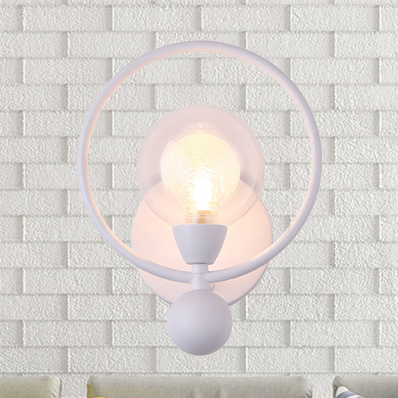Black/White Ring Wall Light Sconce Modern Stylish 1 Bulb Metal Wall Lamp with Glass Ball Shade