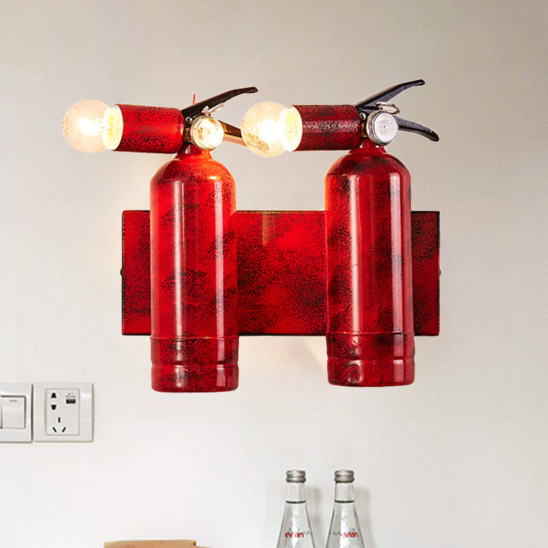 2 Lights Fire Extinguisher Sconce Lamp Rustic Loft Metal Wall Lighting for Kitchen in Red