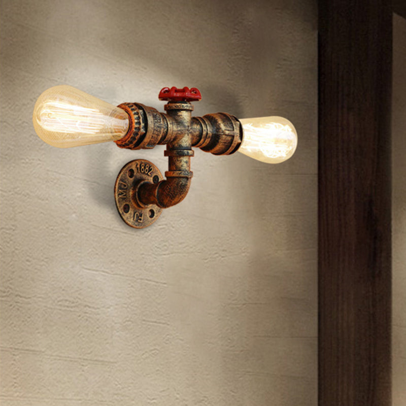 Bronze/Antique Brass 2 Heads Wall Light Fixture Warehouse Style Wrought Iron Bare Bulb Sconce Lamp with Pipe and Valve
