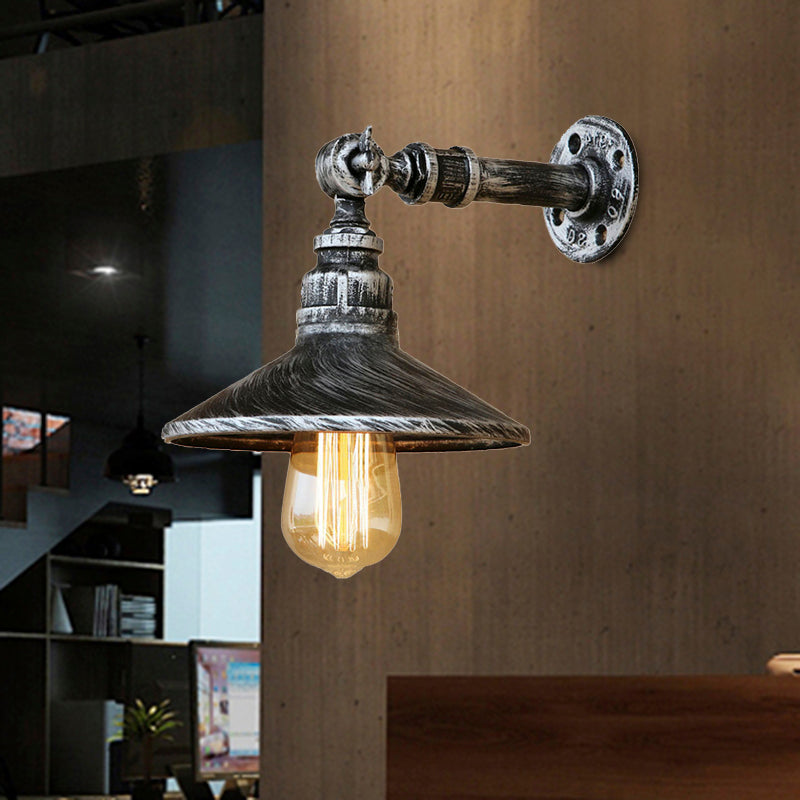 Black/Aged Silver Cone Wall Lamp with Pipe Industrial Style Metal 1 Light Dining Room Adjustable Sconce Lighting