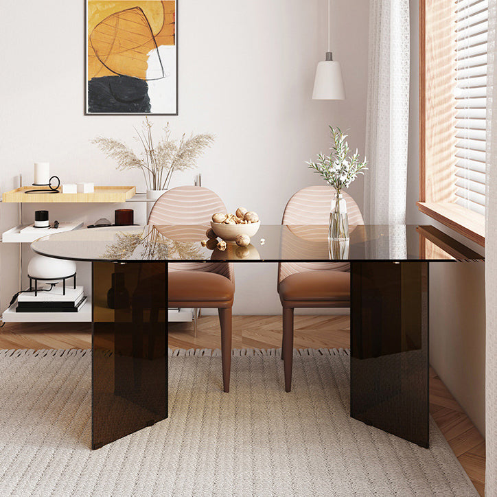Tempered Glass Dining Table for Restaurant Modern Free Form Table with Double Pedestal
