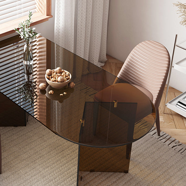 Tempered Glass Dining Table for Restaurant Modern Free Form Table with Double Pedestal