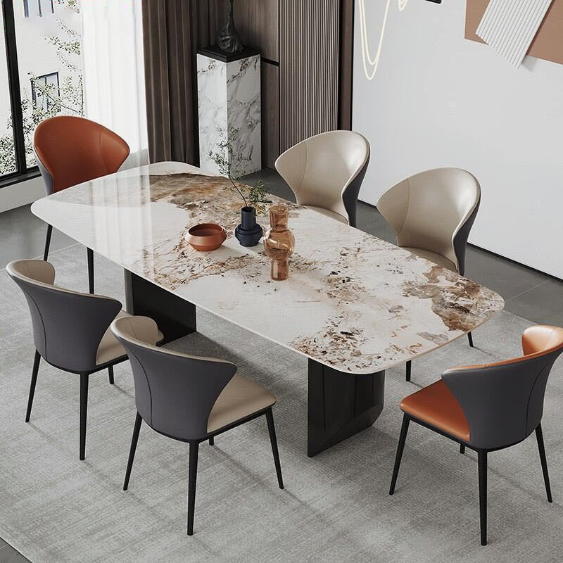 Rectangle Stone Top Dining Table Contemporary Dining Table with Double Pedestal Base