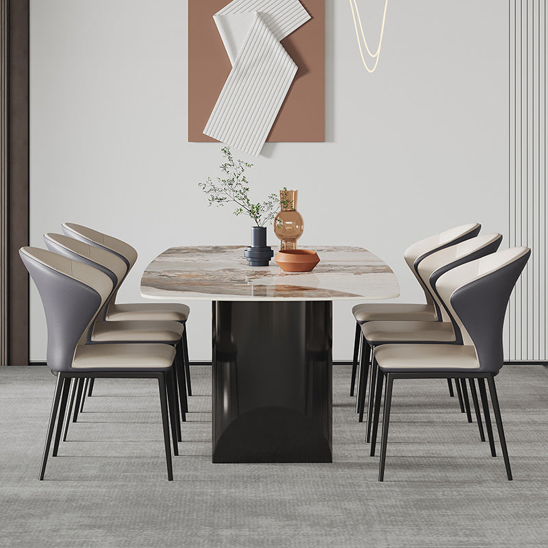 Rectangle Stone Top Dining Table Contemporary Dining Table with Double Pedestal Base