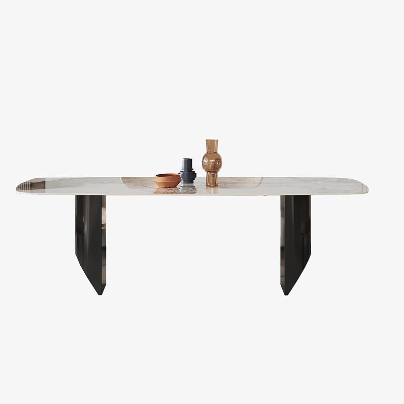 Rectangle Stone Top Dining Table Contemporary Dining Table with Double Pedestal Base