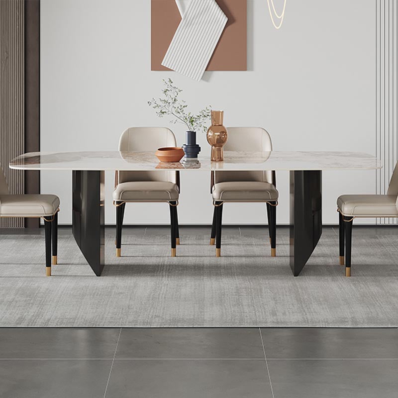 Rectangle Stone Top Dining Table Contemporary Dining Table with Double Pedestal Base