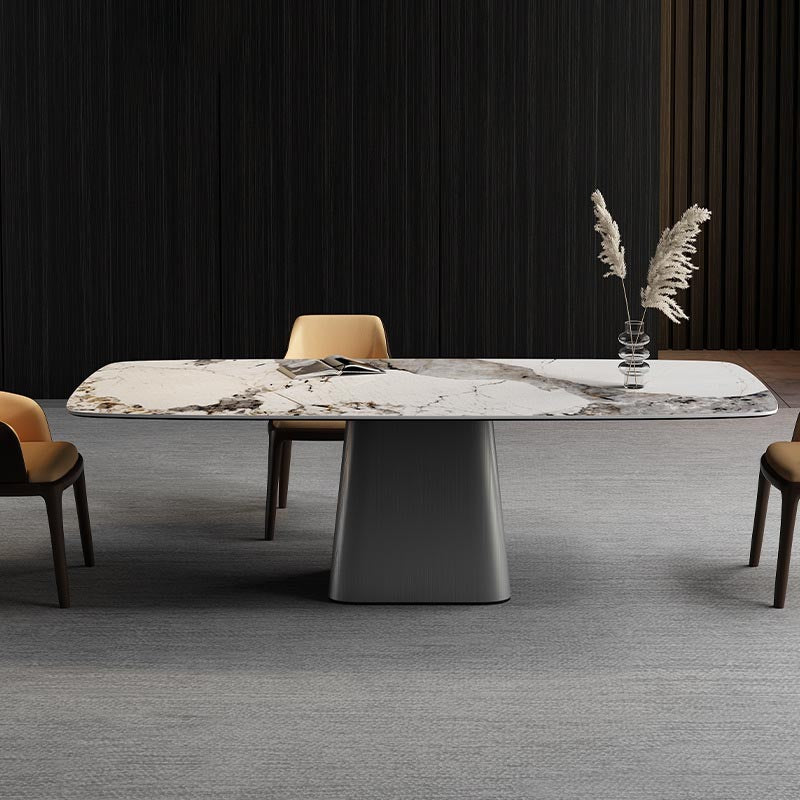Stone Top Dining Table Contemporary Rectangle Table with Pedestal Base