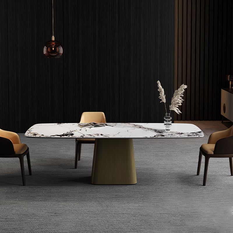 Stone Top Dining Table Contemporary Rectangle Table with Pedestal Base