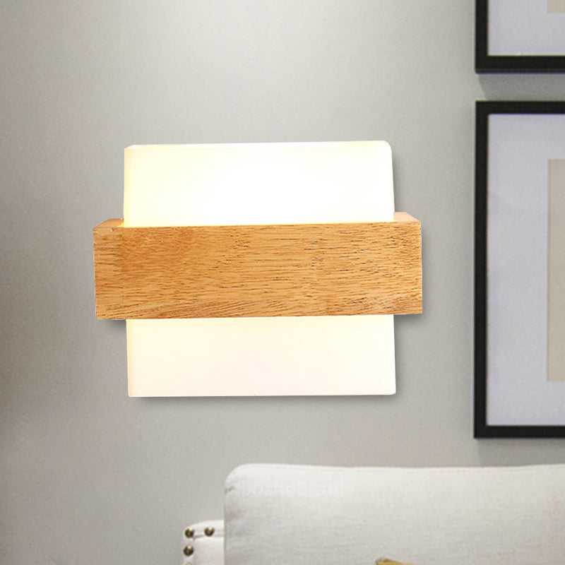Cube Shade Study Room SCONCE LAMP MET HOUTECO MILK GLAS 1 licht Japanse wandlamp in het wit