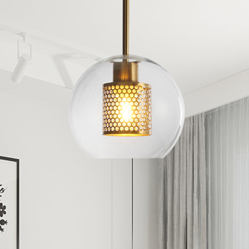 Simple Orb Shade Pendant Light with Cylinder Mesh Screen 1 Light Glass Hanging Lamp for Hallway