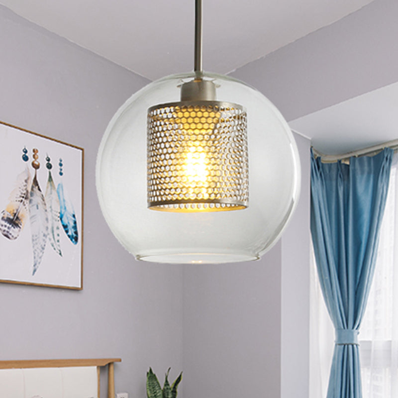 Simple Orb Shade Pendant Light with Cylinder Mesh Screen 1 Light Glass Hanging Lamp for Hallway