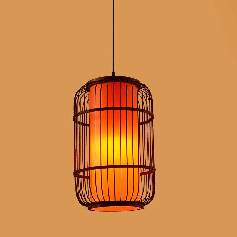 Chinese Style Bamboo Pendant Light Geometric Brown Hanging Pendant for Restaurant