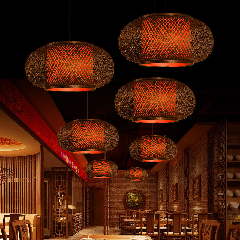 Chinese Style Bamboo Pendant Light Geometric Brown Hanging Pendant for Restaurant